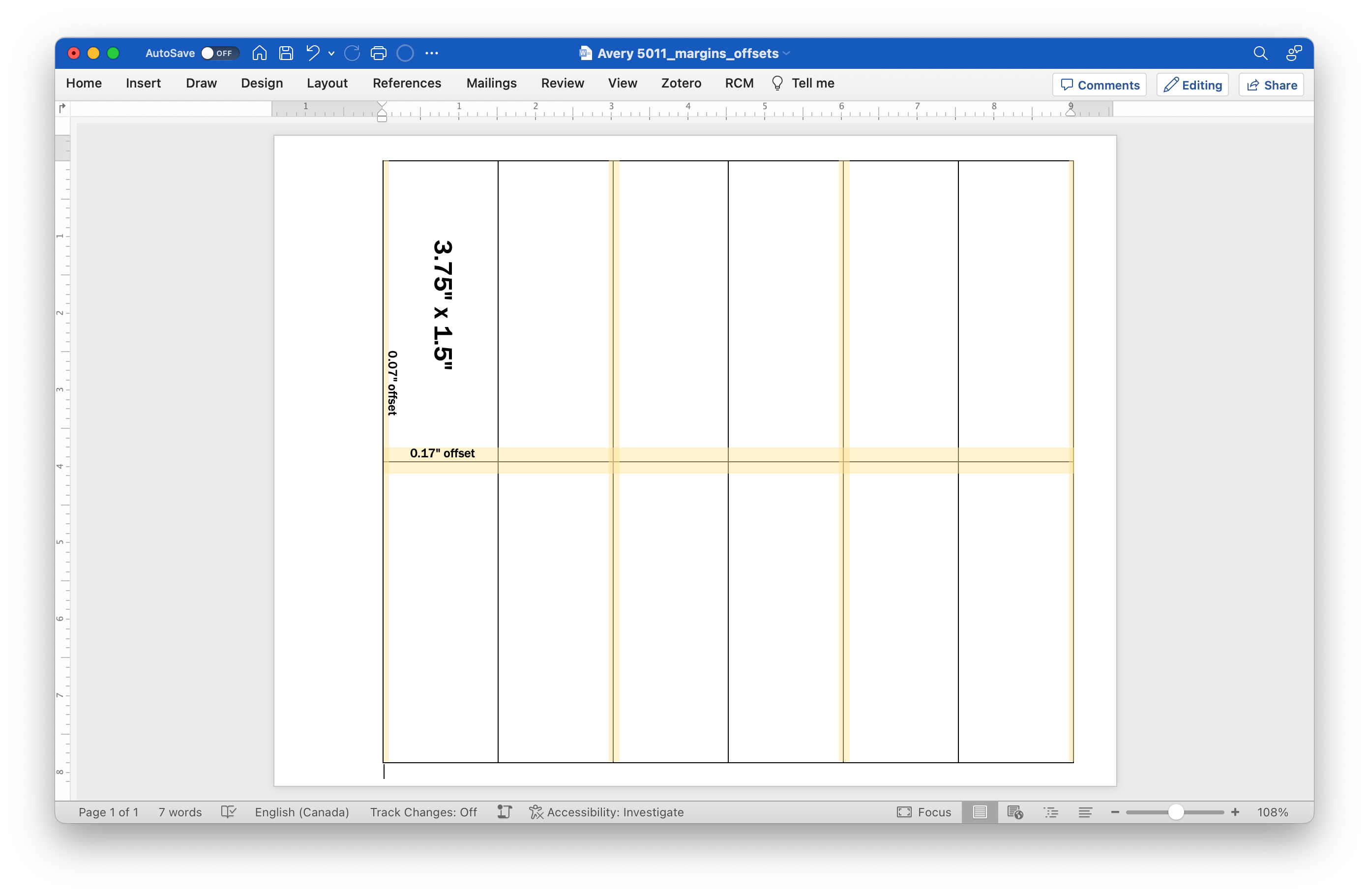 Microsoft Word application window showing the table dimensions for Avery 5011